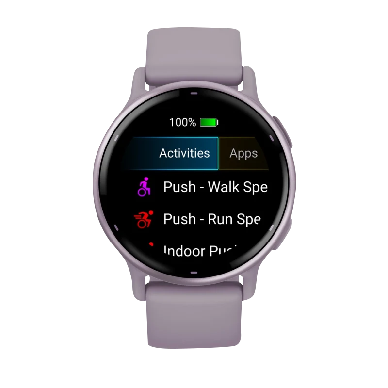 Garmin Vivoactive 5 smartwatch with metallic orchid aluminum bezel and orchid silicone band