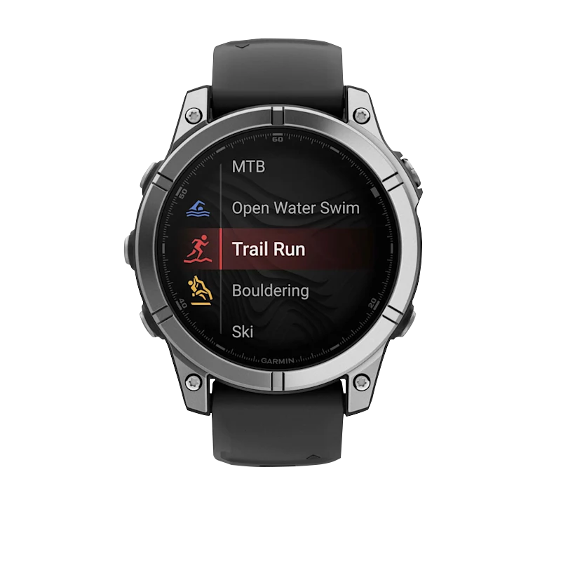 Garmin Fenix E 47 mm AMOLED smartwatch with stainless steel bezel and black silicone band