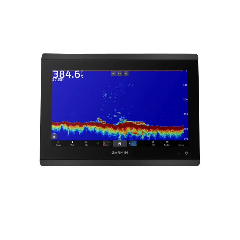 Garmin GPSMAP 8612xsv marine chartplotter display with mapping and sonar, black unit.