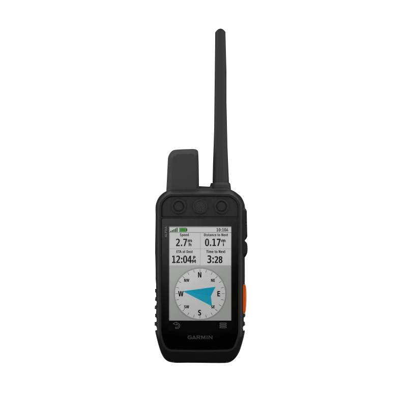 Garmin Alpha 300i handheld, black with orange side button and long antenna