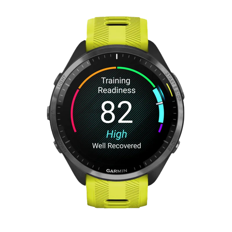 Garmin Forerunner 965 smartwatch with carbon-gray DLC titanium bezel and neon yellow/black silicone band