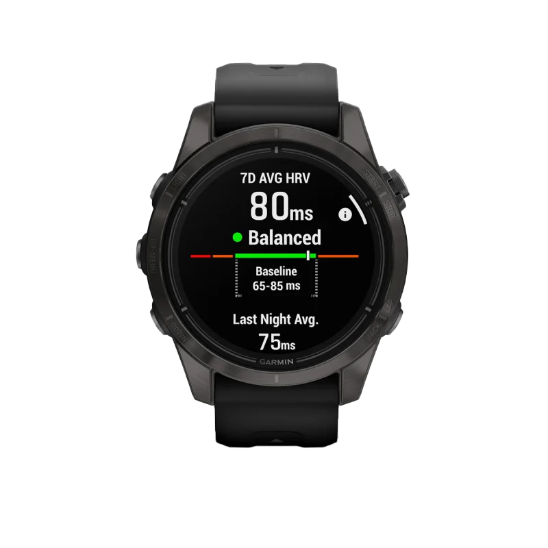 Garmin Epix Pro Gen 2 42mm Sapphire Edition watch with Carbon Gray DLC titanium case and black band.