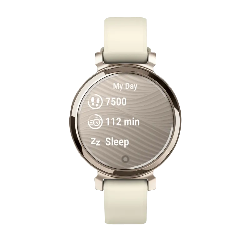 Garmin Lily 2 smartwatch, cream gold with coconut silicone band, certified refurbished