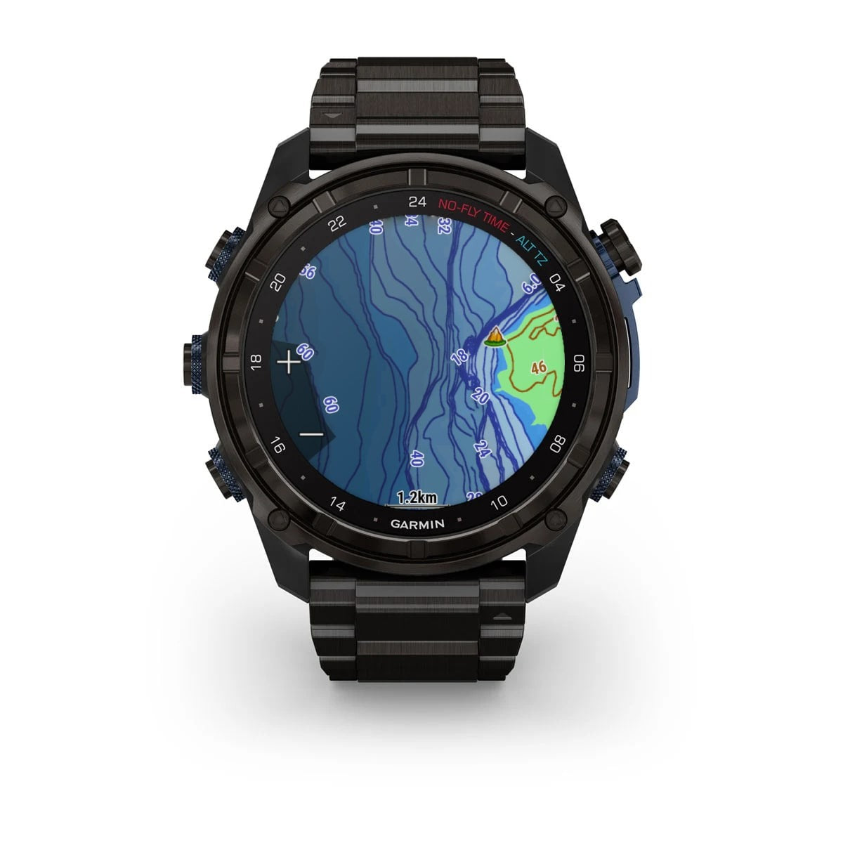 Garmin Descent Mk3i 51mm carbon-grey DLC titanium smartwatch with DLC titanium band displaying marine map.