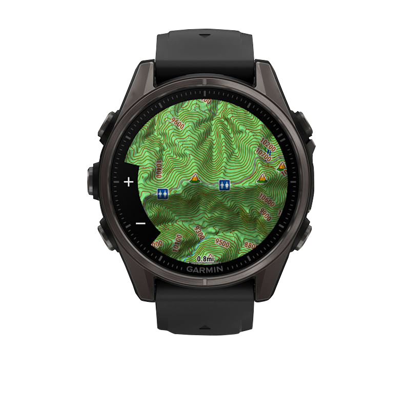 Garmin Fenix 8 smartwatch with AMOLED 43mm display, carbon gray DLC titanium bezel, black silicone band