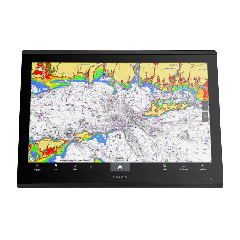 Garmin GPSMAP 8424 MFD marine chartplotter with black bezel and colorful nautical chart display