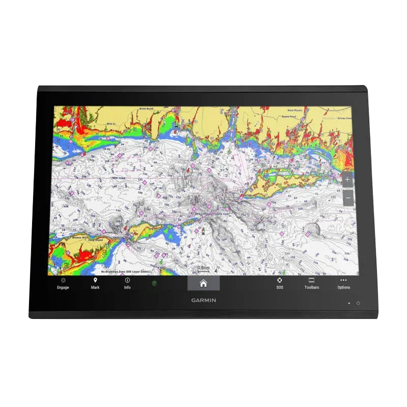 Garmin GPSMAP 8424 MFD marine chartplotter with black bezel and colorful nautical chart display