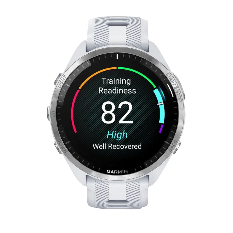 Garmin Forerunner 965 smartwatch with silver bezel and white silicone band