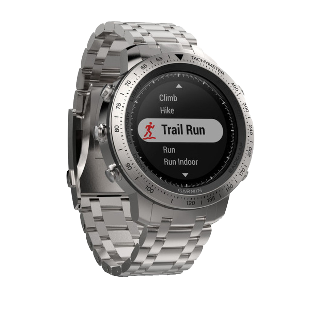 Garmin Fenix Chronos smartwatch with stainless steel band displaying Trail Run screen