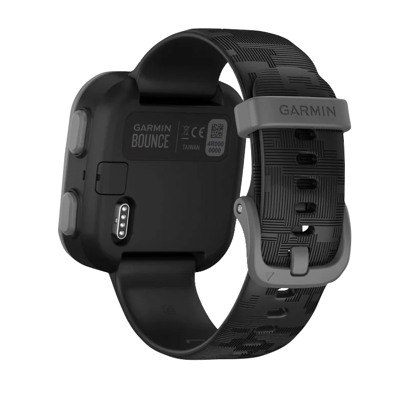 Garmin Bounce Black Camo smartwatch with black band and gray buckle