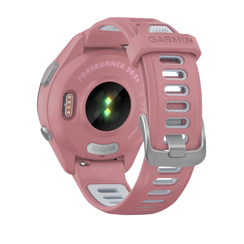 Garmin Forerunner 265S smartwatch with 42mm pink case and light pink/Whitestone silicone band