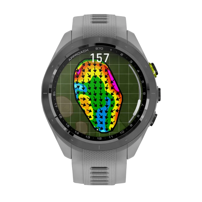 Garmin Approach S70 smart watch, 42 mm with black and yellow ceramic bezel and powder gray silicone band