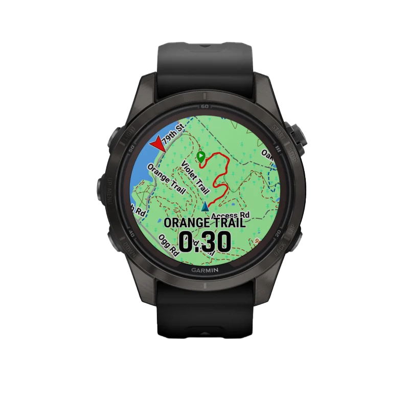 Garmin Fenix 7S Pro Sapphire Solar smartwatch with carbon titanium case and black band