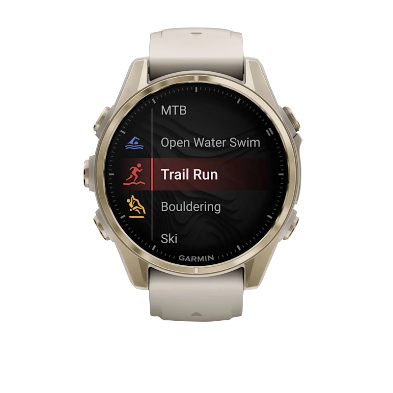 Garmin Fenix 8, 43 mm AMOLED Sapphire, Soft Gold with Fog Gray/Dark Sandstone Silicone Band (010-02903-10) by Garmin