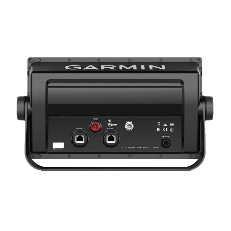 Black Garmin GPSMAP 1022 marine chartplotter back view showing ports