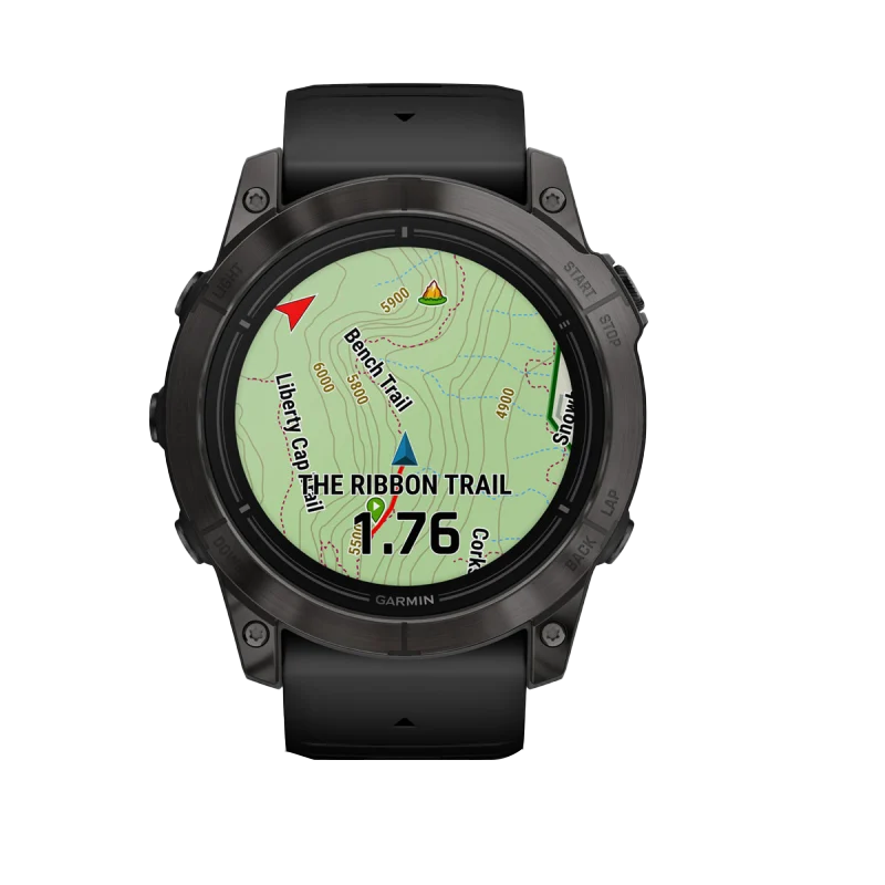 Garmin Epix Pro Gen 2 51mm Sapphire Edition Carbon Gray DLC Titanium smartwatch with black band and map screen