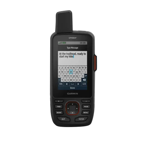 Garmin GPSMAP 67 handheld GPS device in black with on-screen keyboard and orange side button