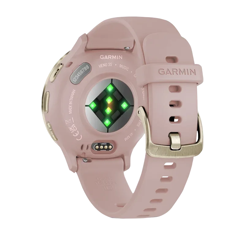 Garmin Venu 3S smartwatch, 41 mm soft gold stainless steel bezel with dust rose case and silicone band