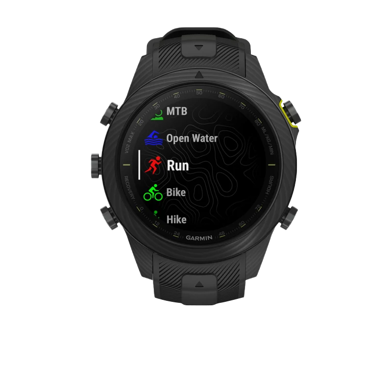 Garmin MARQ Athlete Gen 2 Carbon Edition smartwatch with black case; display shows Open Water, Run, Bike, Hike icons.