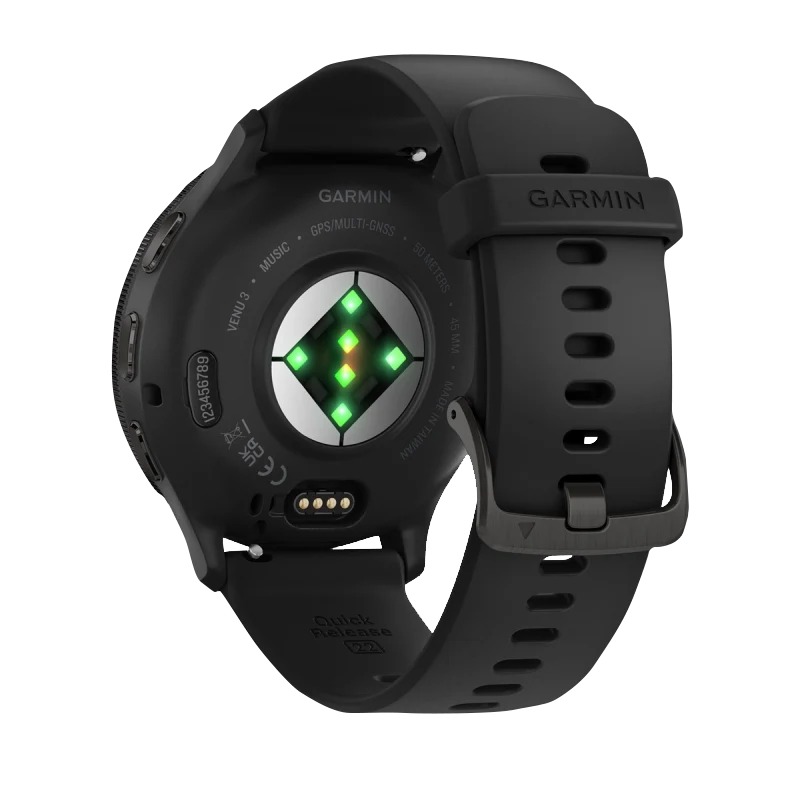 Garmin Venu 3 smartwatch, 45 mm slate stainless steel bezel with black silicone band