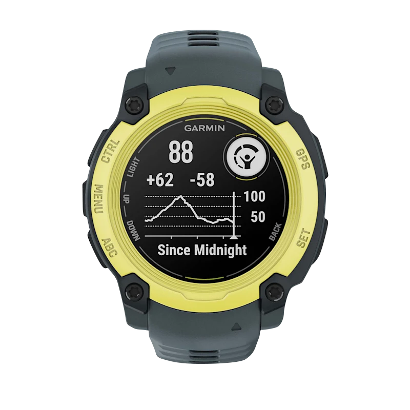 Garmin Instinct E 40mm smart watch, electric lime bezel with Twilight Band on gray strap