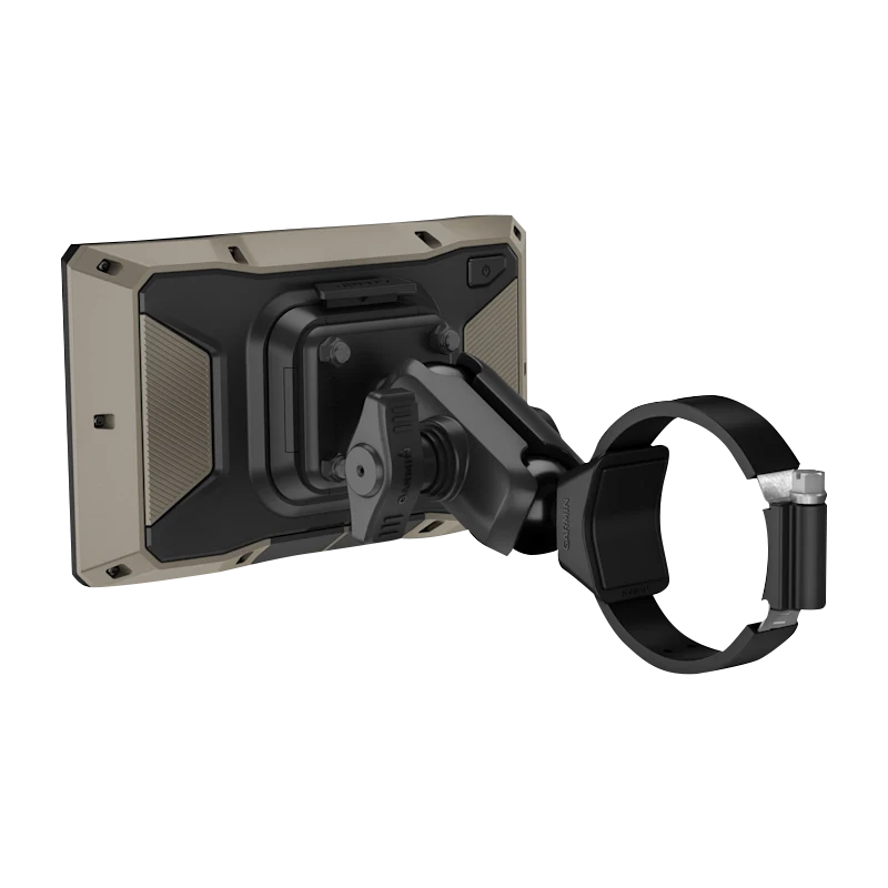 Garmin Tread 2 Powersport GPS navigator with rugged tan case on a black mounting bracket