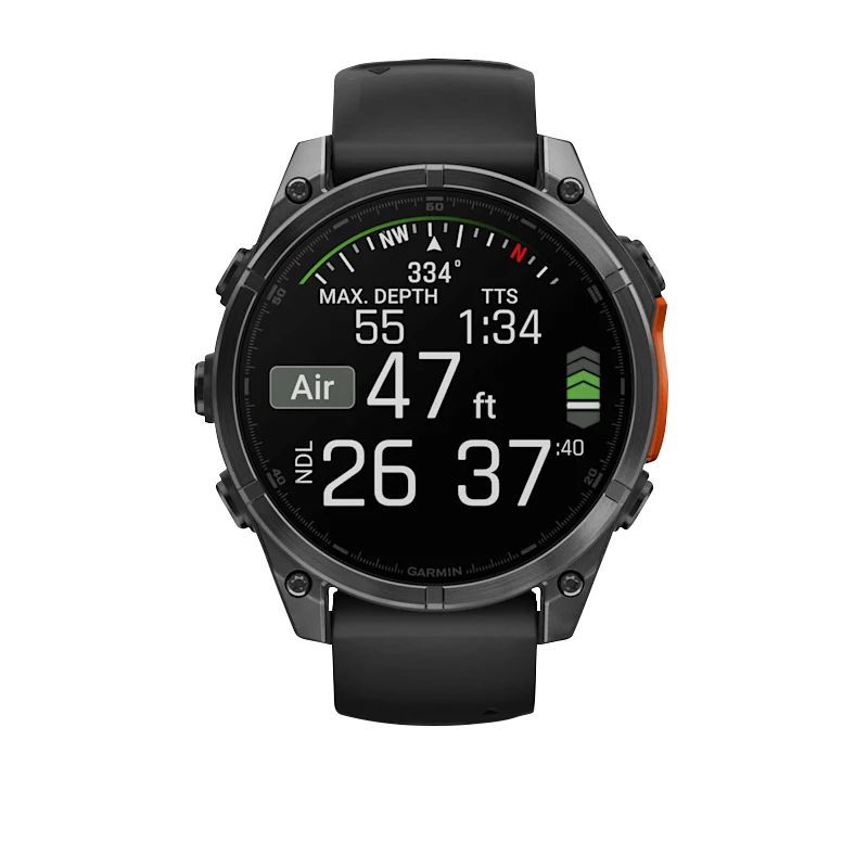 Garmin Fenix 8 smartwatch, 47 mm, slate gray bezel with black silicone band.