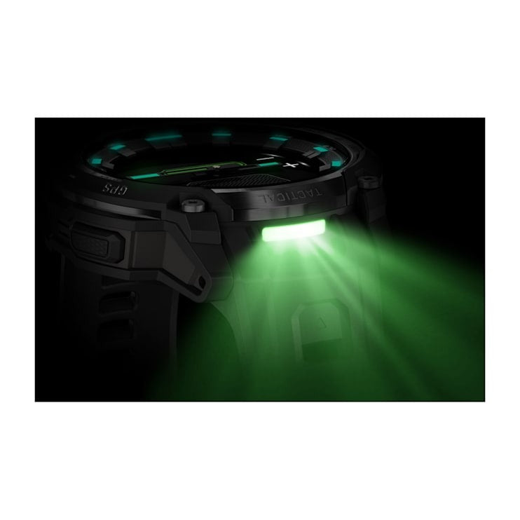 Garmin Instinct Crossover AMOLED Tactical Edition watch with green LED glow