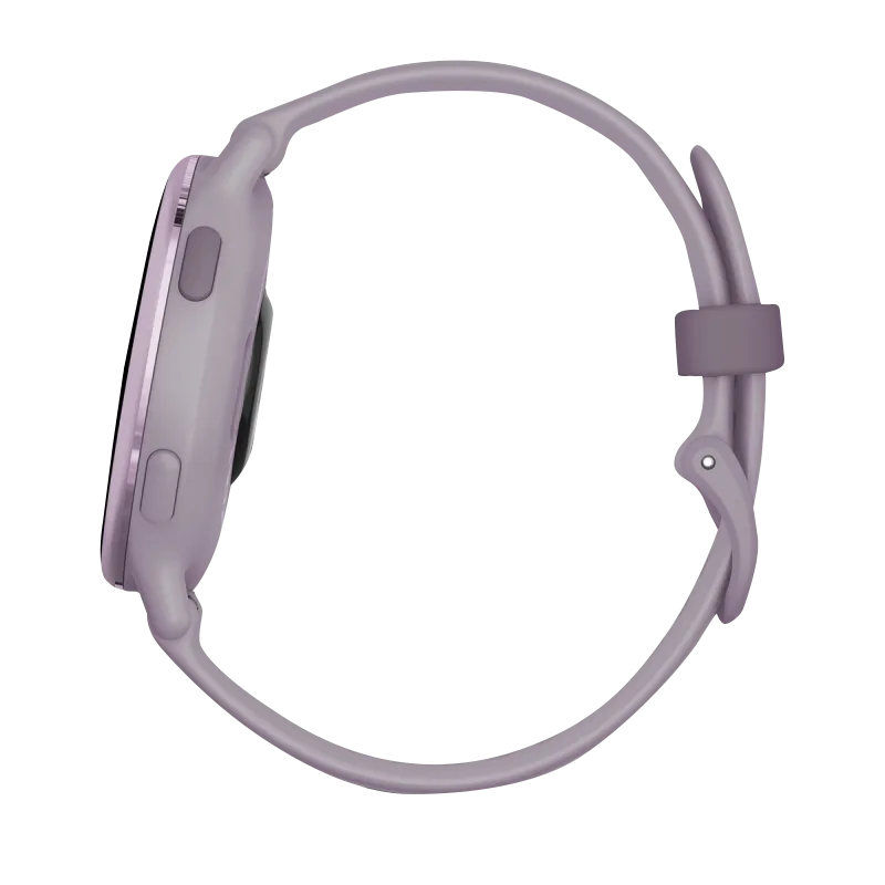 Garmin Vivoactive 5 smartwatch with metallic orchid aluminum bezel and orchid silicone band