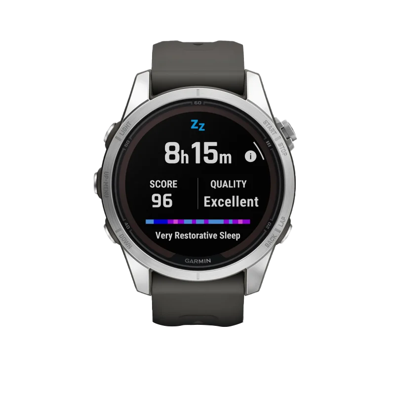 Garmin Fenix 7S Pro Solar smartwatch with silver case and graphite band