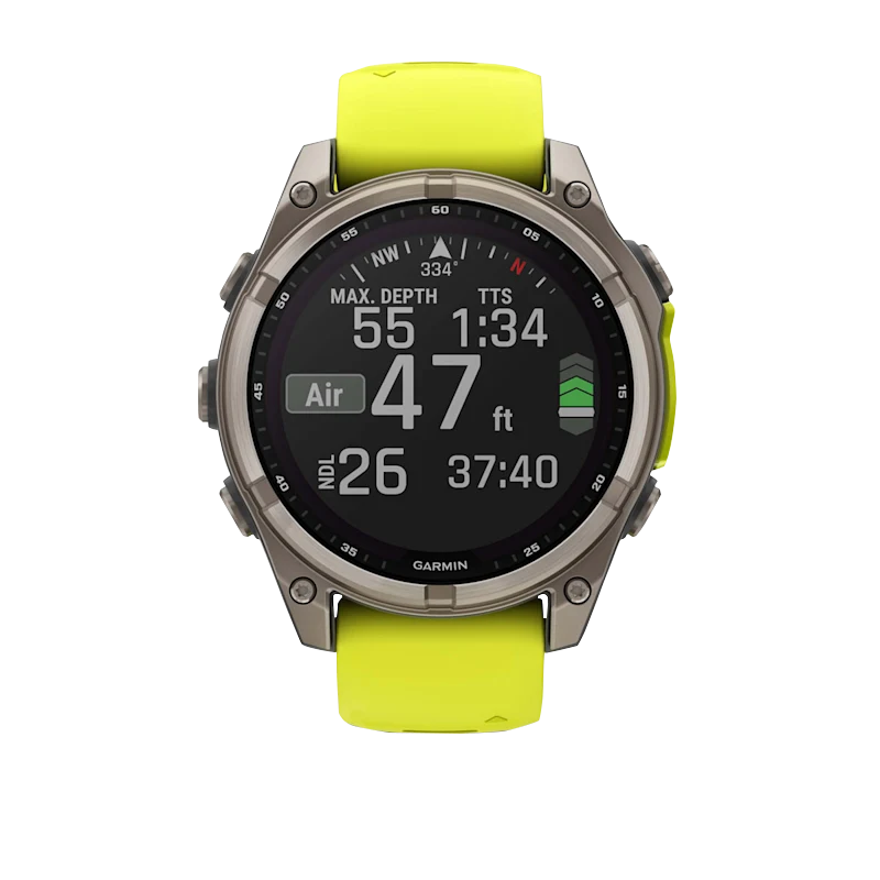 Garmin Fenix 8 smartwatch, 47 mm AMOLED Solar Sapphire Titanium case, Amp Yellow silicone band