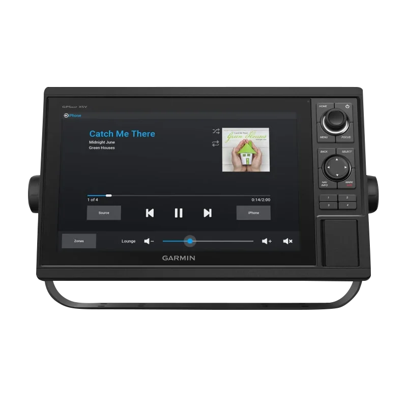 Garmin GPSMAP 1242xsv marine chartplotter with GT52HW-TM transducer; black touchscreen with right-side controls.