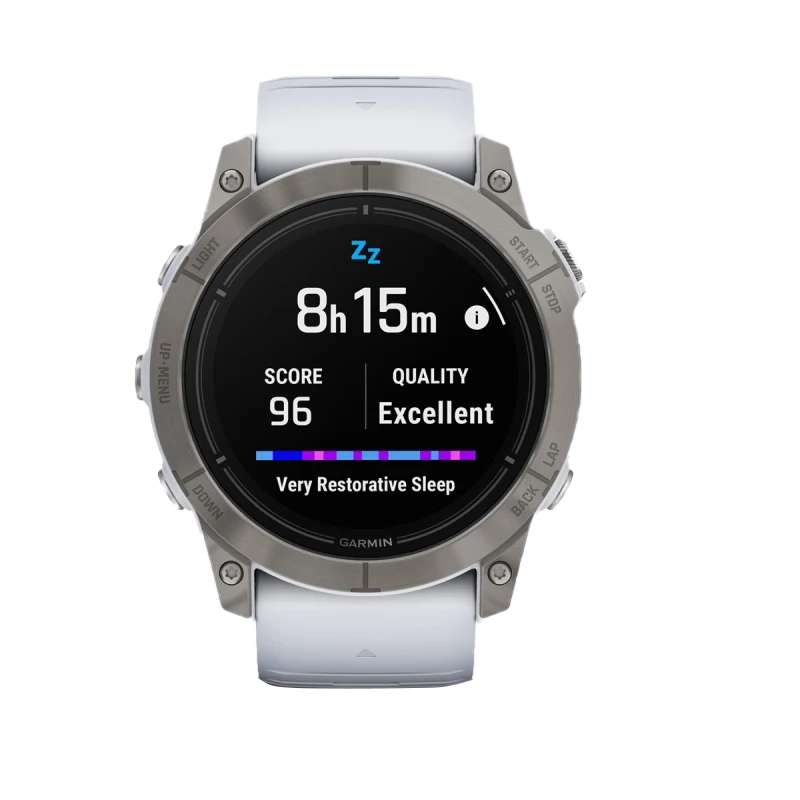 Garmin Epix Pro Gen 2 51mm sapphire titanium smartwatch with Whitestone band, displaying sleep score 96