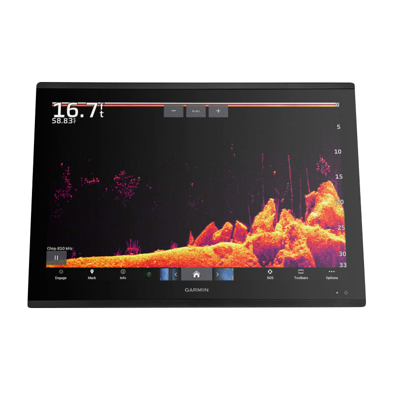 Garmin GPSMAP 8624 marine chartplotter display with sonar visualization on screen