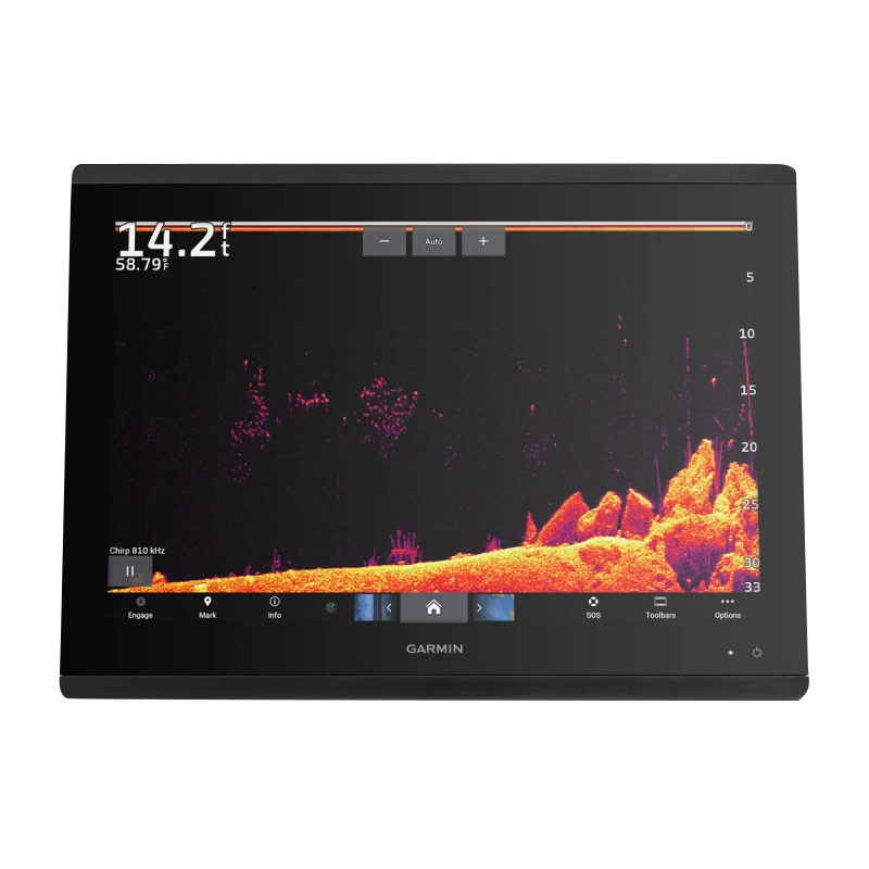 Garmin GPSMAP 8617 marine chartplotter with mapping, black display unit showing sonar/chart screen
