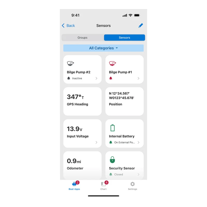 Garmin OnDeck Hub app dashboard on mobile with eight sensor tiles
