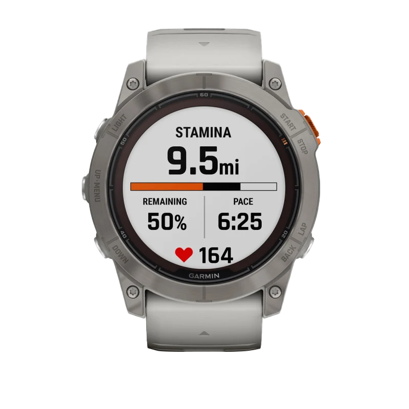 Garmin Fenix 7X Pro Sapphire Solar Edition Titanium smartwatch with fog gray/ember orange band.