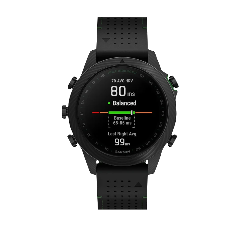 Garmin MARQ Golfer Gen 2 Carbon Edition smartwatch with a black perforated strap