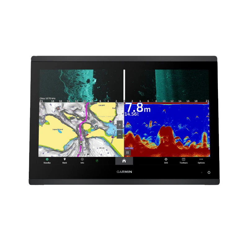Garmin GPSMAP 1623xsv marine chartplotter with SideVü, ClearVü and CHIRP sonar on a black bezel split display