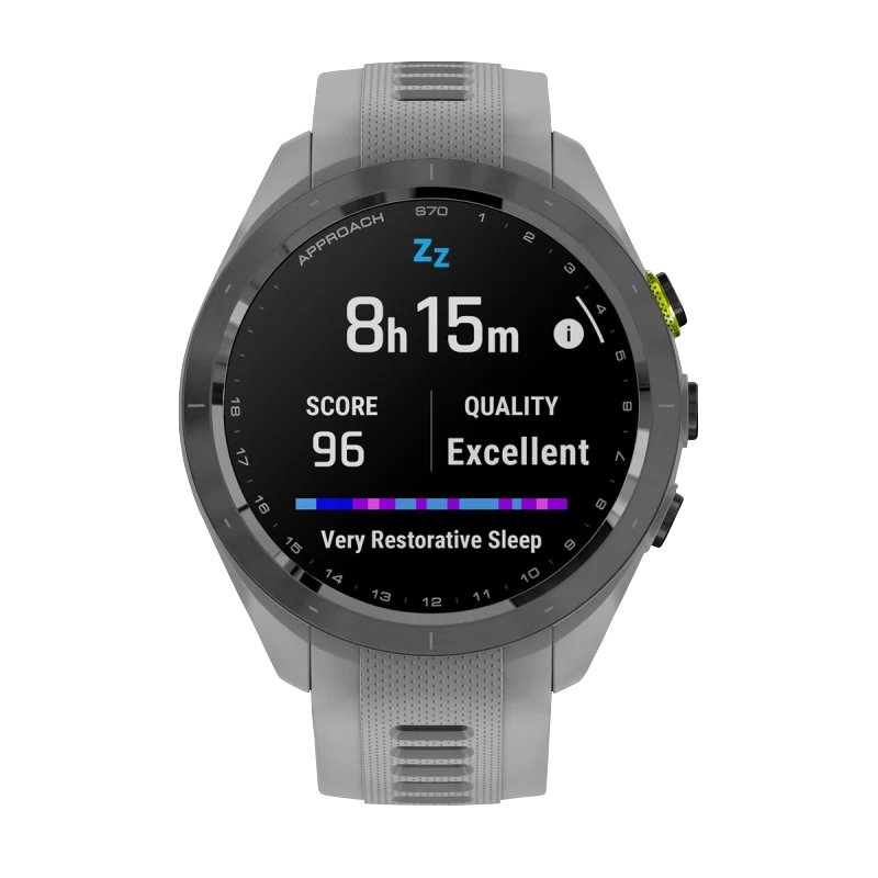 Garmin Approach S70 smartwatch, 42 mm, black ceramic bezel with Amp Yellow accent, powder gray silicone band