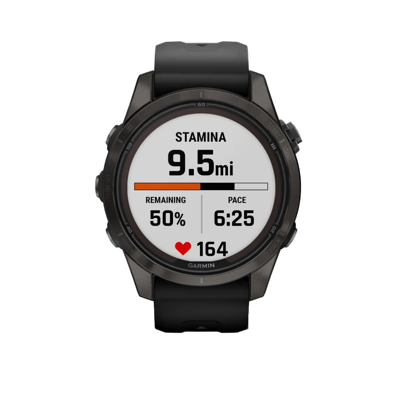 Garmin Fenix 7S Pro Sapphire Solar watch with carbon titanium case and black band