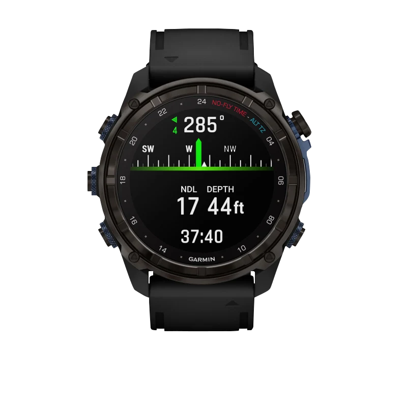 Garmin Descent Mk3i dive computer watch, 51 mm carbon gray DLC titanium case, black silicone band, Descent T2