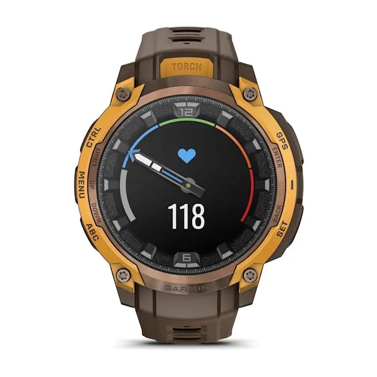 Garmin Instinct Crossover AMOLED smartwatch, orange bezel, brown strap