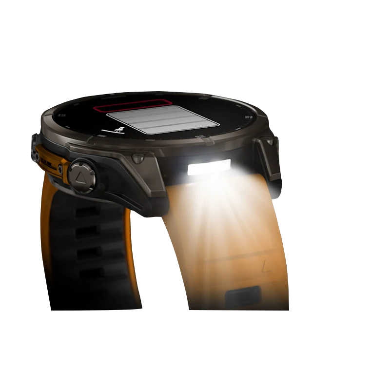 Garmin Fenix 8 smartwatch, 47 mm AMOLED Sapphire display with titanium case and spark orange/graphite silicone band.