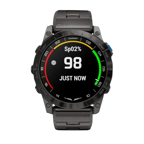 Garmin D2 Mach 1 Pro aviator smartwatch, 51 mm, vented titanium bracelet, round black bezel showing Sp02 98