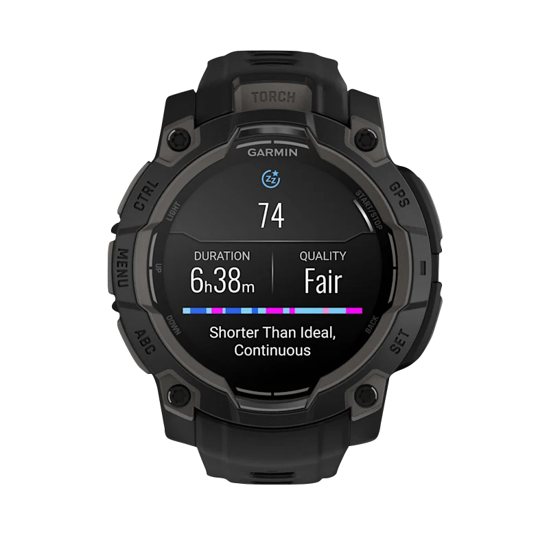 Garmin Instinct 3 AMOLED GPS smartwatch, 45mm black case with black band.