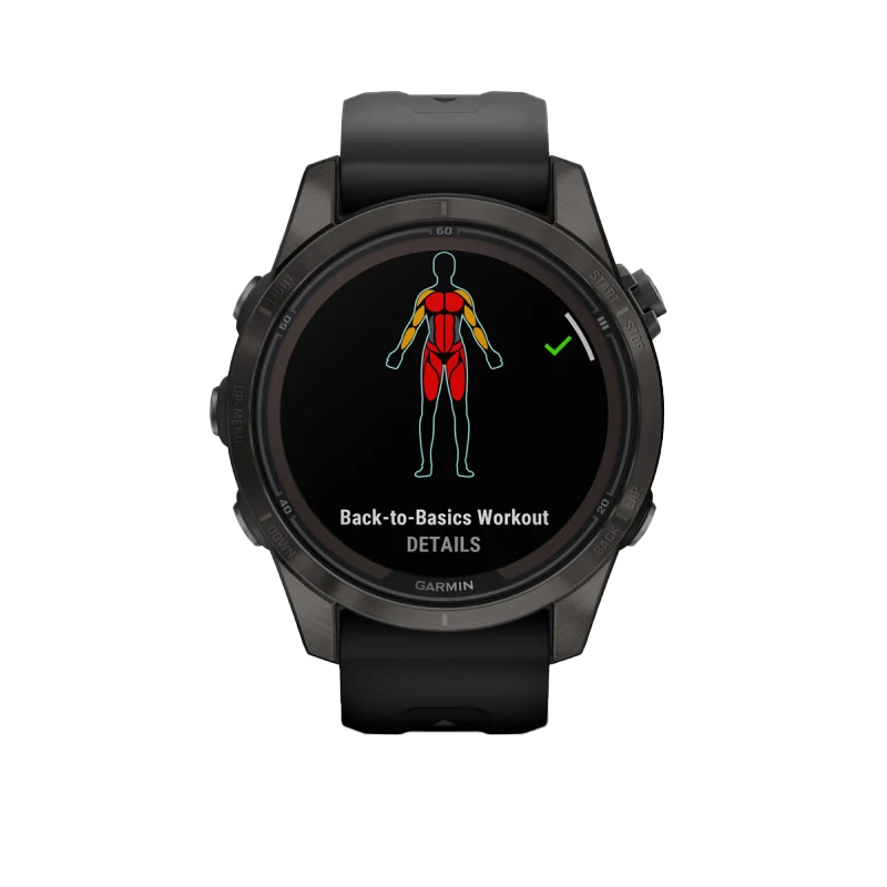 Garmin Fenix 7S Pro Sapphire Solar smartwatch with carbon titanium bezel and black band, certified refurbished