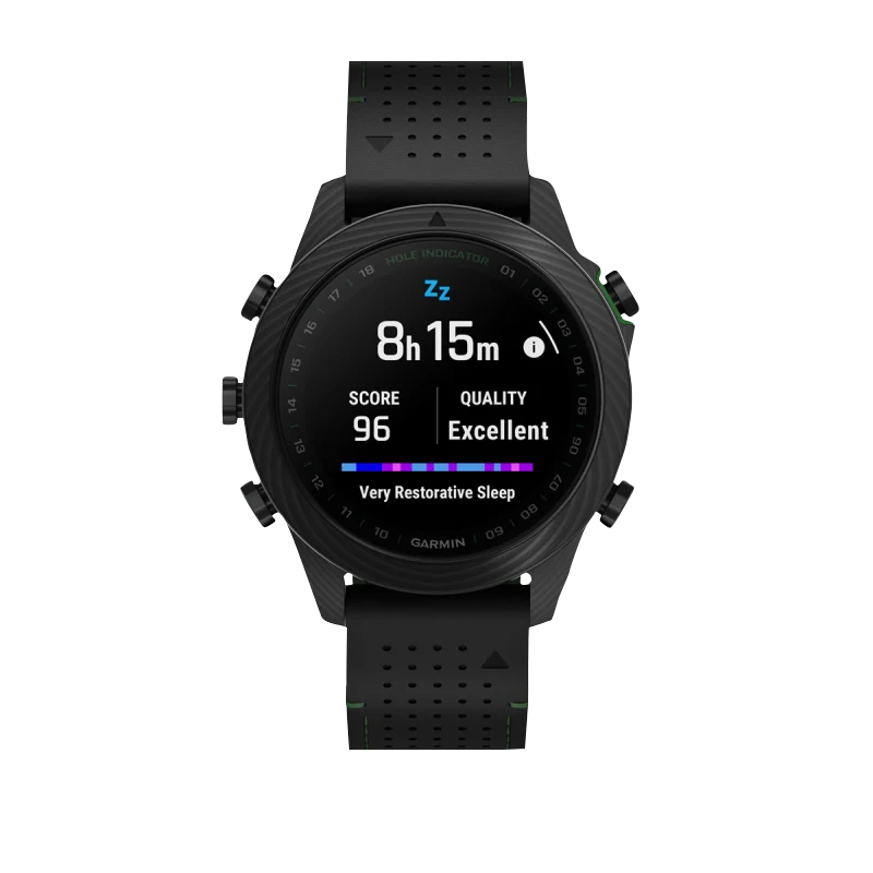 Garmin MARQ Golfer Gen 2 Carbon Edition smart watch with black case, green accents, and perforated strap
