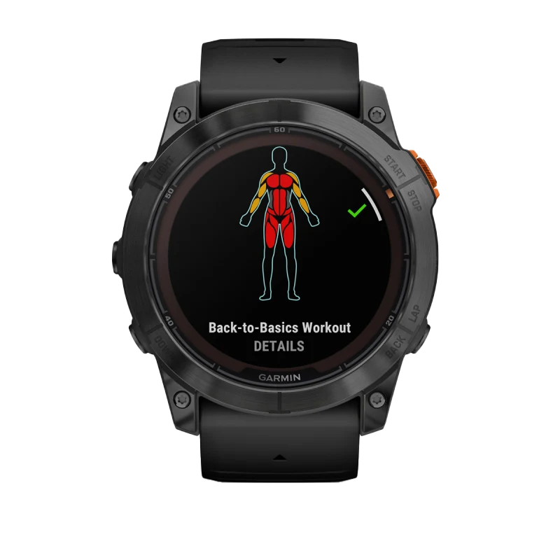 Garmin Fenix 7X Pro Solar smartwatch with black bezel and strap; display shows Back-to-Basics Workout details