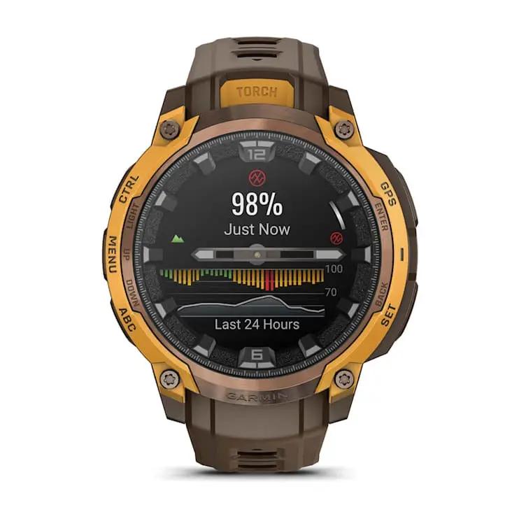 Garmin Instinct Crossover AMOLED watch with brown strap and gold-tone bezel